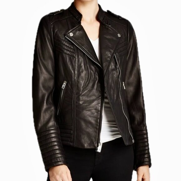 Michael Kors Leather Moto Jacket Full Zip Biker Jacket Zip Pocket Black Wm M NEW - Picture 12 of 12